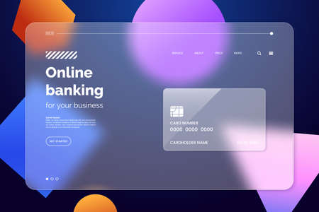Landing page template in glassmorphism style. Horizontal Website screen with glass overlay effect...