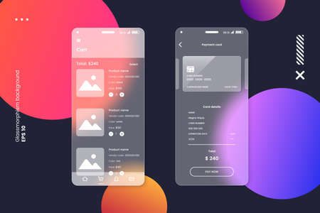 UI UX screens kit in glassmorphism style. Smartphone screen with glass overlay effect isolated on abstract background. Mockup for mobile app presentation. Vector illustrationのイラスト素材