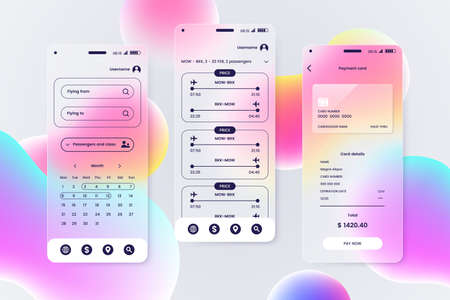 UI UX screens kit in glassmorphism style. Smartphone screen with glass overlay effect isolated on abstract background. Mockup for mobile app demonstration. Liquid gradient shapes. Vector illustrationのイラスト素材