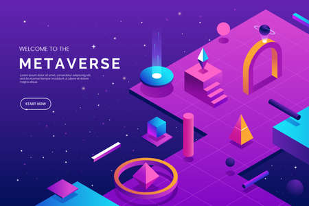 Metaverse abstract isometric illustration. Isometric digital world with fantasy geometric shapes and objects in gradient neon colors. Cyberspace concept. Web page template. vector illustration.のイラスト素材