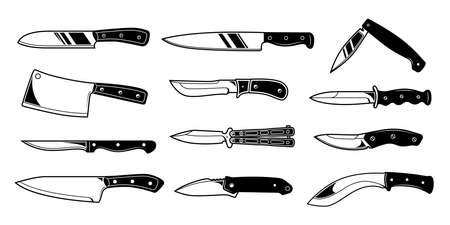 Knives collection isolated on white background. Different types of knife - for kitchen, folding, combat, hunting daggers. Design element for emblem, sign, print, label, etc. vector illustration.のイラスト素材