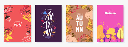 Autumn season poster collection. Abstract illustrations with autumn forest, fallen leaves, colorful foliage and typography. Ideal for event invitation, print, discount voucher, ad. Vector eps 10のイラスト素材