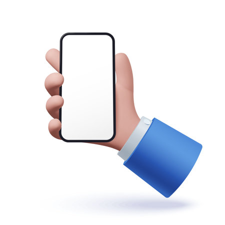 3D hand holding smartphone with blank screen. Human hand with gadget isolated on white. vector illustration.のイラスト素材