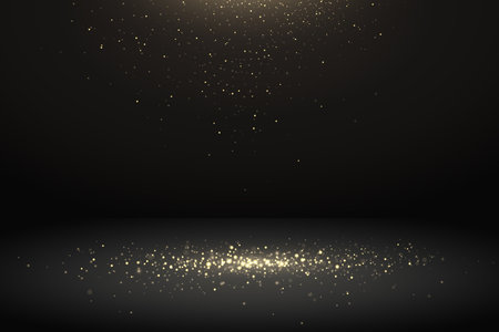 Golden sparkles falling on the floor. Celebration background with falling shiny particles. Luxury backdrop for your design or product presentation. Vector illustrationのイラスト素材