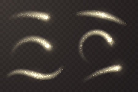 Golden glittering magic trail with shimmer particles. Collection of sparkle stardust isolated on dark background. Element for celebration design, text decoration, etc. Vector illustration.のイラスト素材