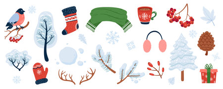 Winter objects collection in cartoon hand drawn style. Winter illustrations set - snowy trees, clothes, snowballs, spruce branches, berries, etc. Decorative elements for your seasonal design.のイラスト素材