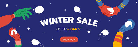 Winter Sale banner design in cartoon style. Winter background with falling snow and snowball fight. Ideal for header, website, promo. Vector illustration.のイラスト素材