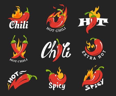 Collection of red chili pepper emblem isolated on dark background. Hot pepper with flame in cartoon style. Spice level marks. Design element for food labeling, spicy dishes, food. Vector illustrationのイラスト素材