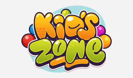 Kids Zone emblem design in funny cartoon style. Kids area label design with comic bubble letters. Ideal for sticker, signboard, website, poster, print.のイラスト素材
