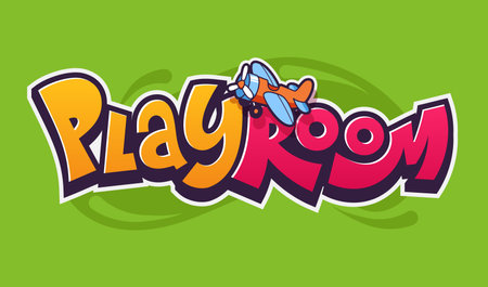 Kids playroom emblem design. Colorful funny font with toy airplane. Ideal for kids zone branding, playground, website, print, promo. Vector illustrationのイラスト素材