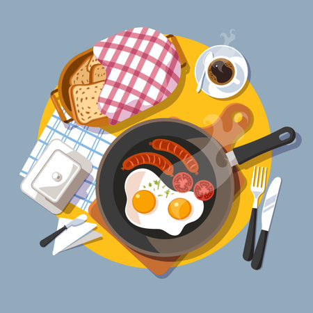 Vector Illustration of traditional breakfast with scrambled eggs, sausages, bread, a cup of coffee. Top view. Classic continental breakfast. Morning food.のイラスト素材