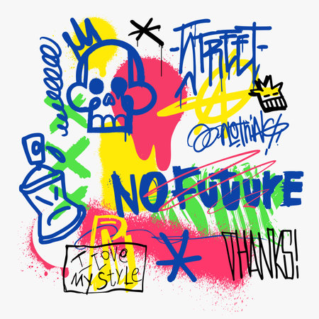 Abstract wall scribbles background. Street art graffiti texture with tags, drawings, inscriptions and spray paint stains. Ideal for poster, t-shirt print, textile, interior design. Vactor eps 10.のイラスト素材