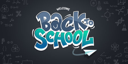 Colorful Back to School lettering in graffiti style. Background of black chalk board with hand drawn study notes. First day at school banner design. Vector illustrationのイラスト素材