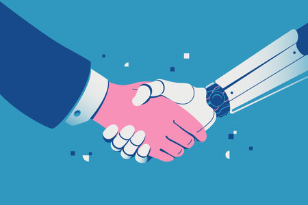 Handshake with a robot. Robot and businessman shaking hands. Collaboration between human and artificial intelligence. Robotization in business. Vector illustration.のイラスト素材