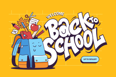 Welcome Back to School text in graffiti style. Funny blue backpack with school supplies falling into it. Cartoon style. Ideal for banner, poster, invitation, promotion, sale etc. Vector illustration.のイラスト素材