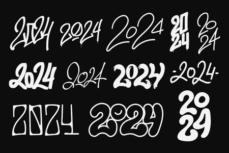 2024 New Year number collection in hand drawn style. 2024 handwritten lettering isolated on dark background. Design element for greeting card, calendar, poster, banner, etc.のイラスト素材