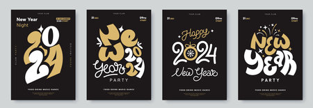 Happy New Year 2024 party poster collection. Creative New Year typography in different styles. Night...