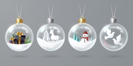 Transparent glass Christmas ball with decoration inside. Collection of hanging Christmas baubles. Realistic 3d style. Traditional symbols of winter holidays. Vector illustrationのイラスト素材