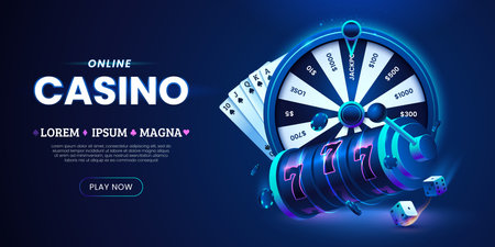 Online casino banner design with slot machine, playing cards, flying poker chips, wheel fortune and pair of dice. Gambling concept. 3d style. Ideal for website, promo, mobile app. Vector illustrationのイラスト素材