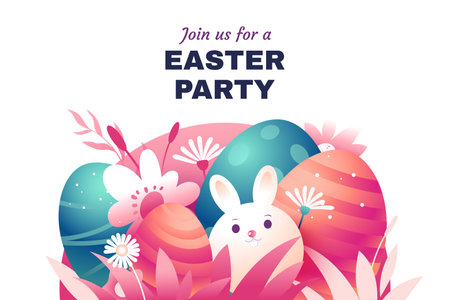 Colorful Easter illustration isolated on white background. Cute Easter composition with funny bunny, colored eggs and spring flowers. Cartoon style. Ideal for greeting card, banner, poster.のイラスト素材