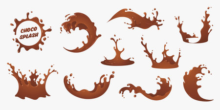 Liquid chocolate splashes set. Chocolate Milk splash in cartoon style isolated on white background. Design element for label, ad, promo. Vector illustrationのイラスト素材