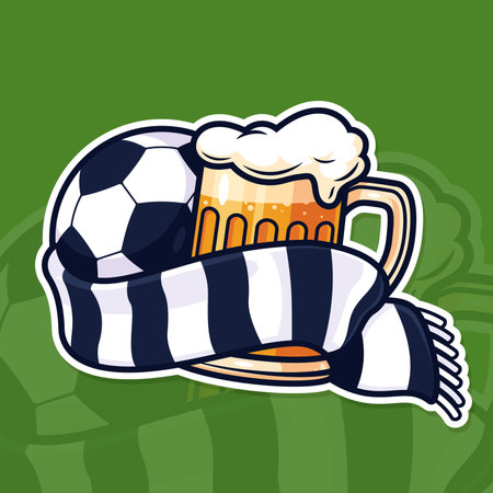 Vector illustration of soccer ball and mug of beer tied with a fan scarf. Football and beer colorful emblem. Ideal for sticker design, t-shirt print, bierdeckel, etc.のイラスト素材
