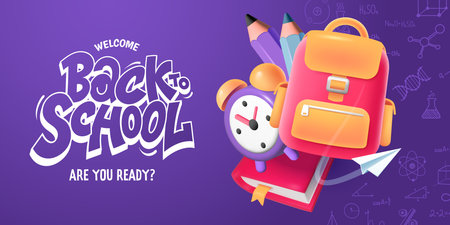 Back to School banner design with creative typography and group of education items - backpack, alarm clock, book, colored pencils isolated on purple background. 3d style. Vector illustration.のイラスト素材