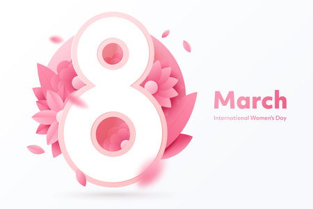 Greeting card design for March 8 - International Womens Day. Large number 8 on a background of pink decorative flowers, with space for text. 3D style. Isolated on white. Vector illustrationのイラスト素材