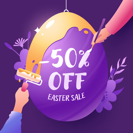 Easter sale, discount banner. Easter egg decorated by peoples hands, place for your text. Holiday creative vector illustration for poster, web, social media.のイラスト素材