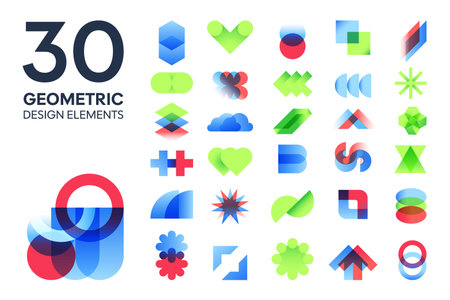 Set of 30 modern geometric design elements in vibrant colors. Ideal for posters, web design, branding, and creative layouts. Editable and scalable vector shapes.のイラスト素材