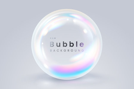 Colorful iridescent sphere with smooth gradients and glossy texture. Realistic transparent soap bubble with soft rainbow reflections on light background. Vector illustrationのイラスト素材