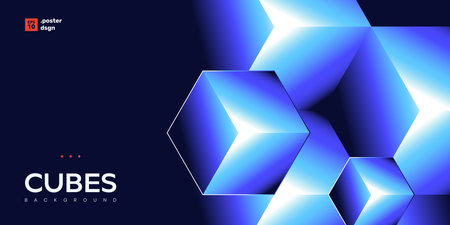 Modern abstract geometric background featuring glowing blue 3D cubes with sharp gradients and luminous highlights on a dark backdrop. Ideal for technology banner, posters, web design.のイラスト素材