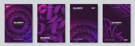 Set of modern gothic calligraphy poster templates with abstract 3D lettering composition in deep purple tones. Creative typographic backgrounds. Ideal for branding, covers, flyers, and social mediaのイラスト素材