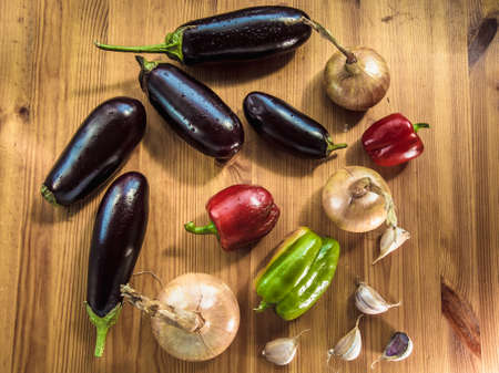 Still eggplant paprika bow garlic top view