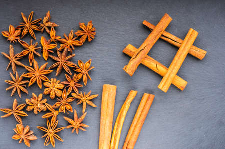 right sharp the cinnamon and star anise top view  on slateの写真素材