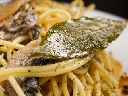 bay leaf lies on delicious italian pasta with mushrooms close upの写真素材