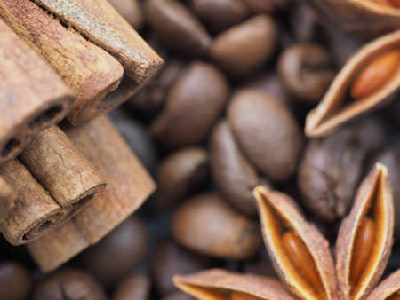 coffee cinnamon and star anise close upの写真素材