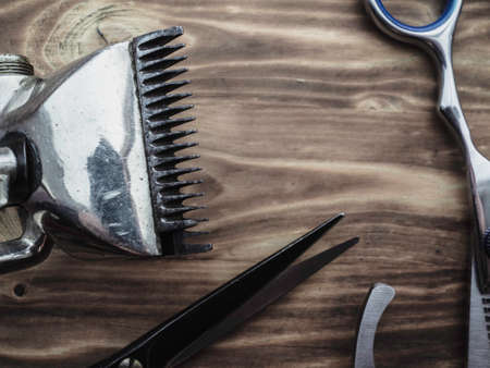 vintage barber shop tools on wood backgroundの写真素材