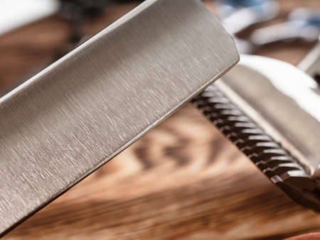 Barber Tools On Wooden Background.の写真素材