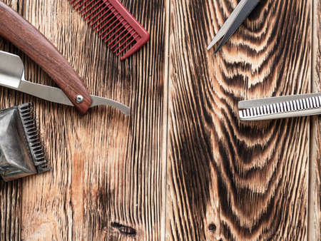 Barber Tools On Wooden Background.の写真素材