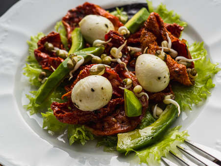 salad made from dried tomatoes, pe-tsai, avocado, sprouted mung beans, and mozzarella cheese. close-up. Horizontal orientation.の写真素材
