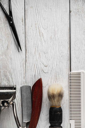 vintage barber tools dangerous razor hairdressing scissors old manual clipper comb shaving brush.