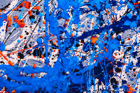 abstract expressionism. contemporary art. Picture painted using the technique of dripping. Mixing different colors blue red white black. A riot of color. Lines and spots. Horizontal orientation.の写真素材