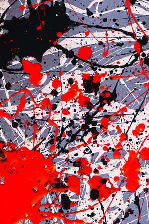 Abstract expressionism. Picture painted using the technique of dripping. Mixing different colors red white black. Japanese colors. Lines and spots. Vertical orientation.の写真素材