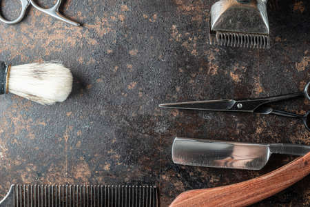 vintage barber tools dangerous razor, hairdressing scissors, old manual clipper, metal comb, shaving...