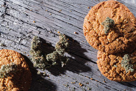 biscuits with hemp on an old wooden background close-up. rustic. Horizontal orientation.の写真素材