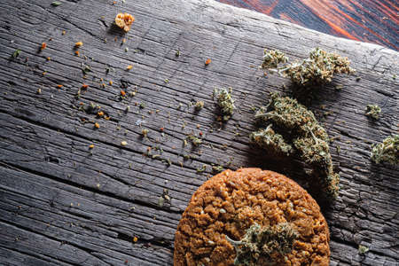biscuits with hemp on an old wooden background close-up. rustic. Horizontal orientation.の写真素材