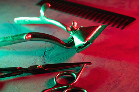 red and green psychedelia cinematic aesthetics. on surface are old barber tools. horizontalの写真素材