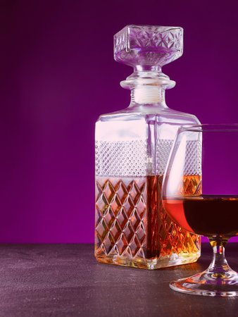 glass textured square bottle and glass goblet with amber alcohol brandy scotch whiskey. violet backgroundの写真素材