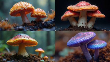 Vibrant mushrooms in forest setting. Generative AIの素材